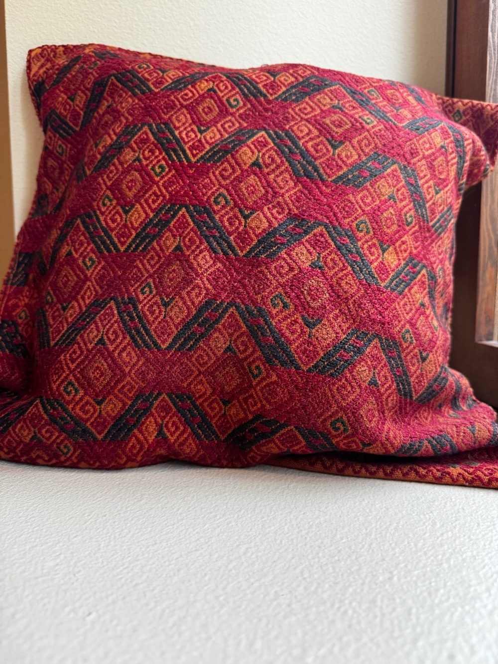 Hand-loomed pillow cover from Mexico: BURNT SIENNA, red, black